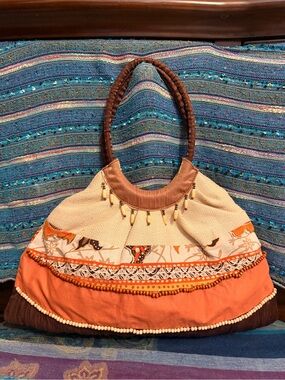 Boho Beaded Orange and Cream Women’s Shoulder Bag